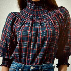 Sugarlips Jace Plaid Verity Smocked Top Navy NWT